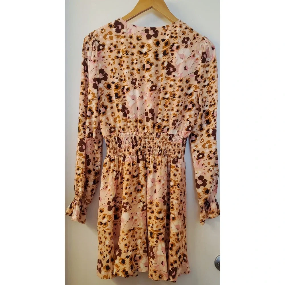 PAIGE Dress S Cheetah Print Blush/Brown/Pink Long Sleeve Gathered Waist Lined - Picture 4 of 10